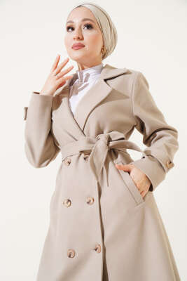 Kruvaze Yaka Kuşaklı Uzun Kaşe Kaban Taş - Thumbnail