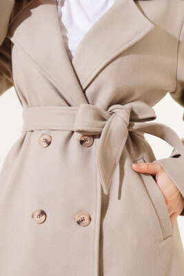 Kruvaze Yaka Kuşaklı Uzun Kaşe Kaban Taş - Thumbnail