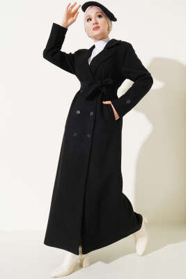 Kruvaze Yaka Kuşaklı Uzun Kaşe Kaban Siyah - Thumbnail