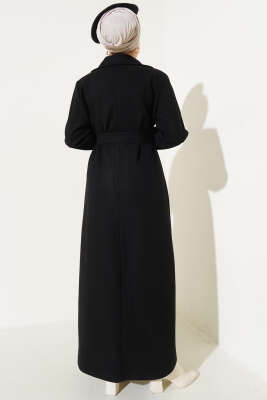 Kruvaze Yaka Kuşaklı Uzun Kaşe Kaban Siyah - Thumbnail