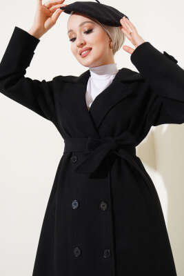 Kruvaze Yaka Kuşaklı Uzun Kaşe Kaban Siyah - Thumbnail