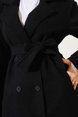 Kruvaze Yaka Kuşaklı Uzun Kaşe Kaban Siyah - Thumbnail