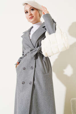 Kruvaze Yaka Kuşaklı Uzun Kaşe Kaban Gri - Thumbnail