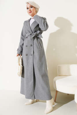 Kruvaze Yaka Kuşaklı Uzun Kaşe Kaban Gri - Thumbnail