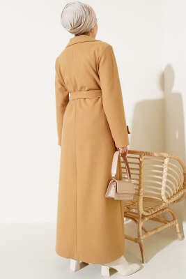 Kruvaze Yaka Kuşaklı Uzun Kaşe Kaban Camel - Thumbnail