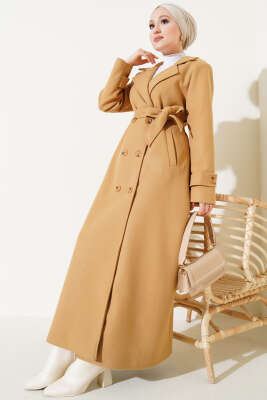 Kruvaze Yaka Kuşaklı Uzun Kaşe Kaban Camel - Thumbnail