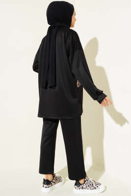 Leopar Garnili Pullu İkili Takım Siyah - Thumbnail