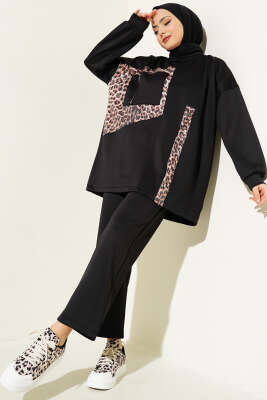 Leopar Garnili Pullu İkili Takım Siyah - Thumbnail