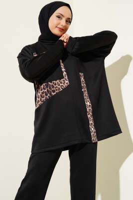 Leopar Garnili Pullu İkili Takım Siyah - Thumbnail