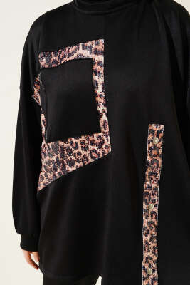 Leopar Garnili Pullu İkili Takım Siyah - Thumbnail