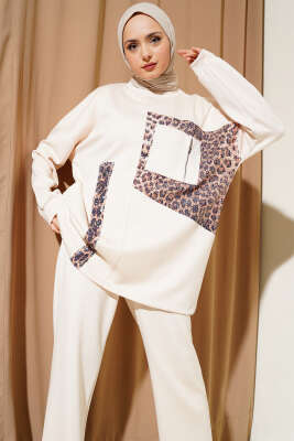 Leopar Garnili Pullu İkili Takım Bej - Thumbnail