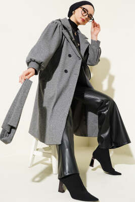 	 Balıksırtı Desen Balon Kol Kaşe Kaban Füme - Thumbnail