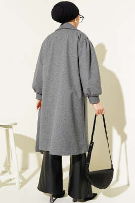 	 Balıksırtı Desen Balon Kol Kaşe Kaban Füme - Thumbnail