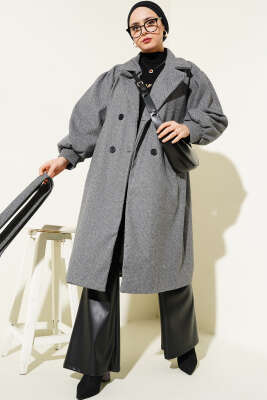 	 Balıksırtı Desen Balon Kol Kaşe Kaban Füme - Thumbnail