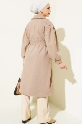 	 Balıksırtı Desen Balon Kol Kaşe Kaban Camel - Thumbnail