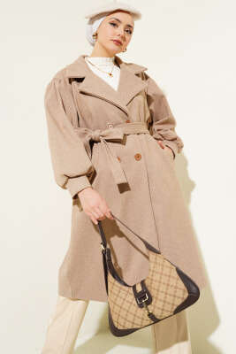 	 Balıksırtı Desen Balon Kol Kaşe Kaban Camel - Thumbnail