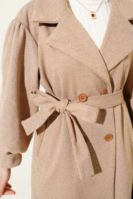 	 Balıksırtı Desen Balon Kol Kaşe Kaban Camel - Thumbnail