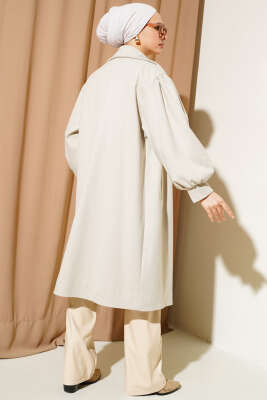 	 Balıksırtı Desen Balon Kol Kaşe Kaban Bej - Thumbnail