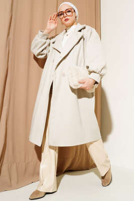 	 Balıksırtı Desen Balon Kol Kaşe Kaban Bej - Thumbnail