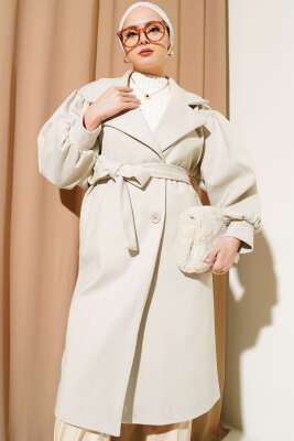 	 Balıksırtı Desen Balon Kol Kaşe Kaban Bej - Thumbnail