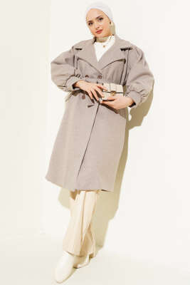 Balıksırtı Desen Balon Kol Kaşe Kaban Soft Kahve - Thumbnail