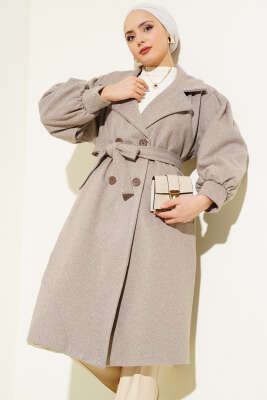 Balıksırtı Desen Balon Kol Kaşe Kaban Soft Kahve - Thumbnail