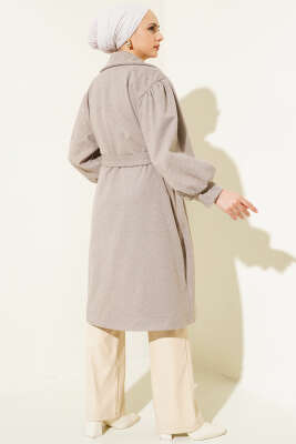 Balıksırtı Desen Balon Kol Kaşe Kaban Soft Kahve - Thumbnail