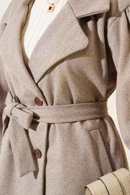 Balıksırtı Desen Balon Kol Kaşe Kaban Soft Kahve - Thumbnail