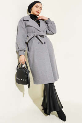 	 Balıksırtı Desen Balon Kol Kaşe Kaban Gri - Thumbnail