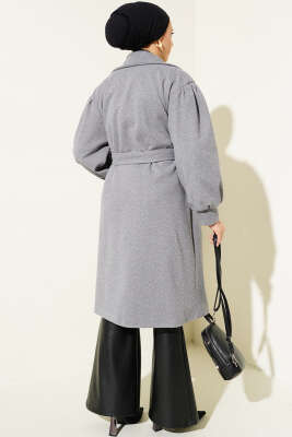 	 Balıksırtı Desen Balon Kol Kaşe Kaban Gri - Thumbnail