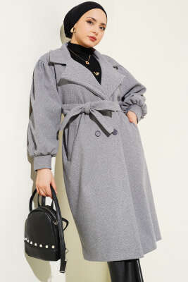 	 Balıksırtı Desen Balon Kol Kaşe Kaban Gri - Thumbnail