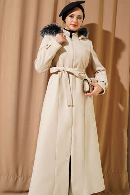 Kapüşonu Kürklü Fermuarlı Uzun Kaşe Kaban Taş - Thumbnail