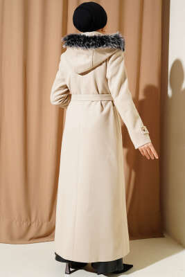 Kapüşonu Kürklü Fermuarlı Uzun Kaşe Kaban Taş - Thumbnail