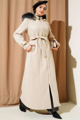 Kapüşonu Kürklü Fermuarlı Uzun Kaşe Kaban Taş - Thumbnail