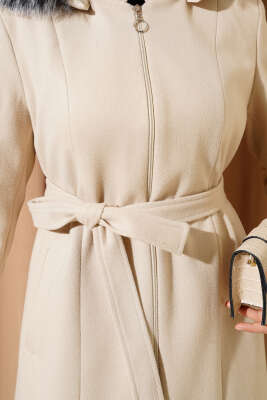 Kapüşonu Kürklü Fermuarlı Uzun Kaşe Kaban Taş - Thumbnail