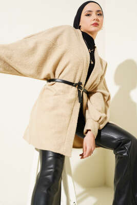 Pazarium - Yarasa Kol Kemerli Buklet Ceket Latte