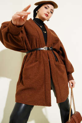 Pazarium - Yarasa Kol Kemerli Buklet Ceket Kahve