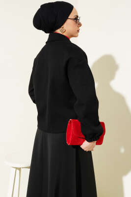 Dört Düğmeli Kısa Kaşe Kaban Siyah - Thumbnail