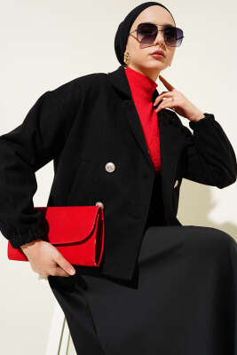 Dört Düğmeli Kısa Kaşe Kaban Siyah - Thumbnail