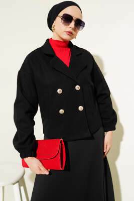 Dört Düğmeli Kısa Kaşe Kaban Siyah - Thumbnail