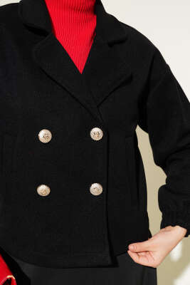 Dört Düğmeli Kısa Kaşe Kaban Siyah - Thumbnail