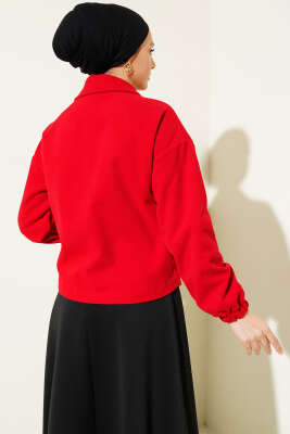 Dört Düğmeli Kısa Kaşe Kaban Kırmızı - Thumbnail