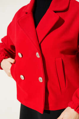 Dört Düğmeli Kısa Kaşe Kaban Kırmızı - Thumbnail