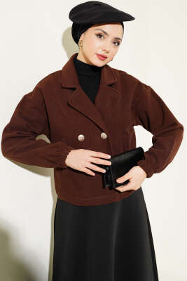 Dört Düğmeli Kısa Kaşe Kaban Kahve - Thumbnail