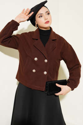 Dört Düğmeli Kısa Kaşe Kaban Kahve - Thumbnail