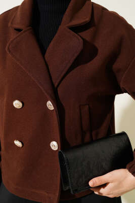 Dört Düğmeli Kısa Kaşe Kaban Kahve - Thumbnail