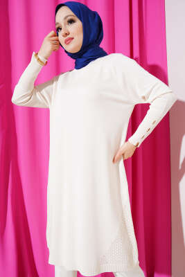 Etek Ucu Dantel Detaylı Triko Tunik Vanilya - Thumbnail