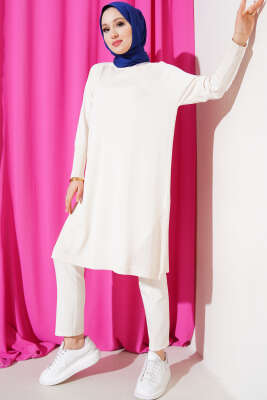 Etek Ucu Dantel Detaylı Triko Tunik Vanilya - Thumbnail