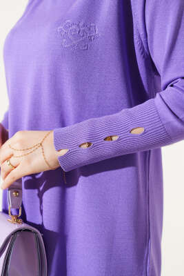 Etek Ucu Dantel Detaylı Triko Tunik Lila - Thumbnail