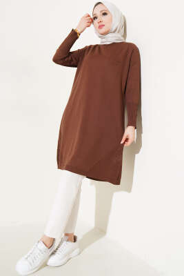 Etek Ucu Dantel Detaylı Triko Tunik Kahve - Thumbnail